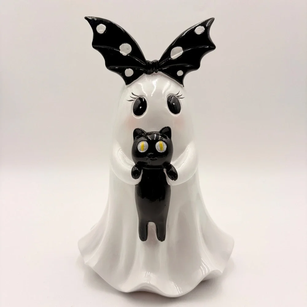Halloween Ghost Figurine with Black Cat and Bat Wing Bow Decor
